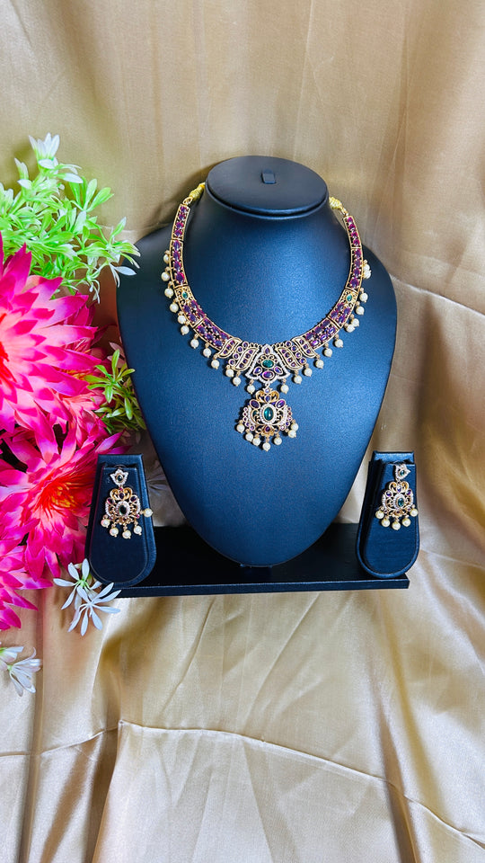 Elegant Pink Stone Kante Necklace – Traditional & Modern Fusion