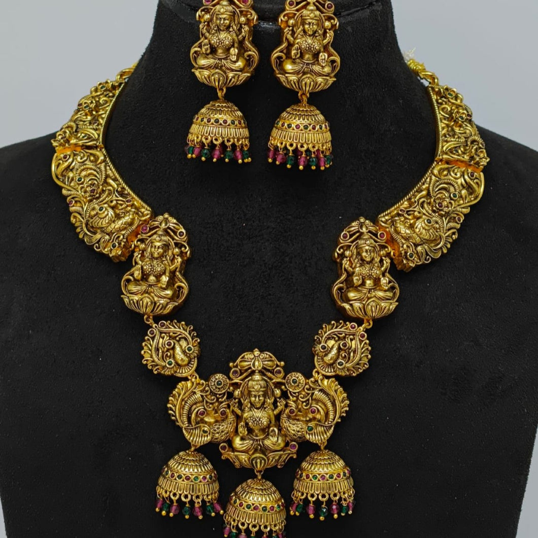 Gold Plated Temple Jewellery Necklace Set with Ruby & Emerald Stones