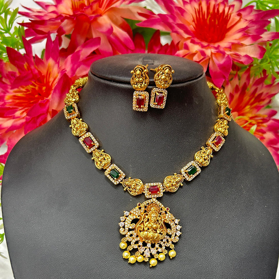Traditional Lakshmi Temple Short Necklace Set with Earrings