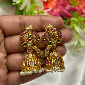 Royal Peacock Design Multi-Stone Jhumka Earrings